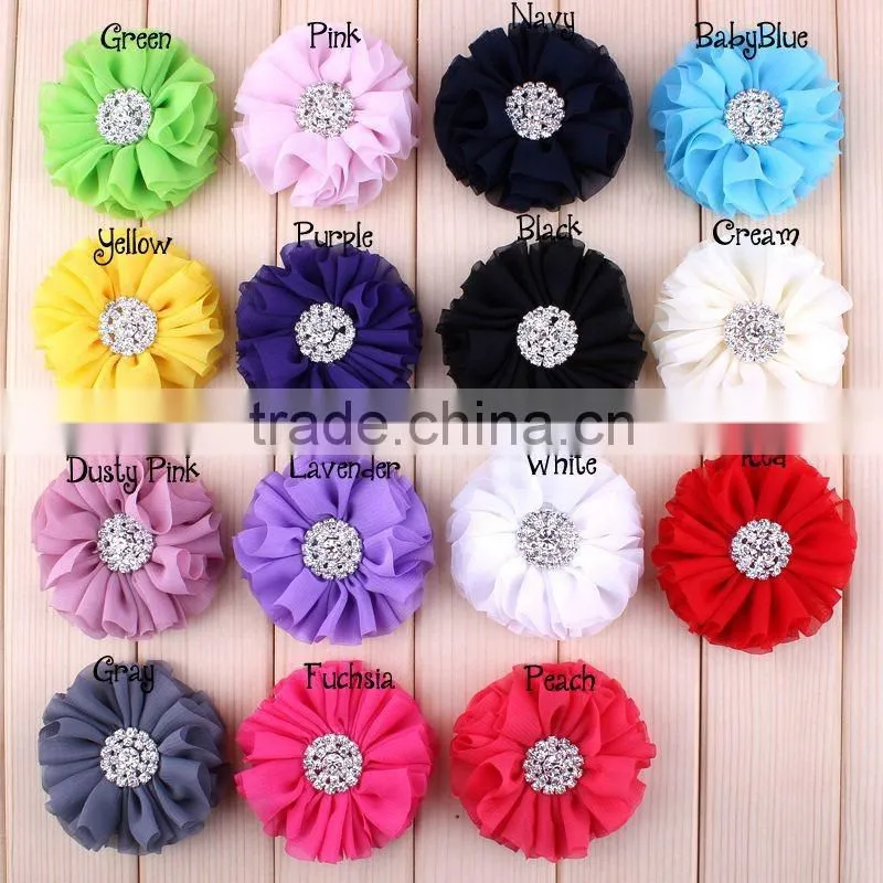 fabric chiffon flower with rhinestone center for kids hair accessories