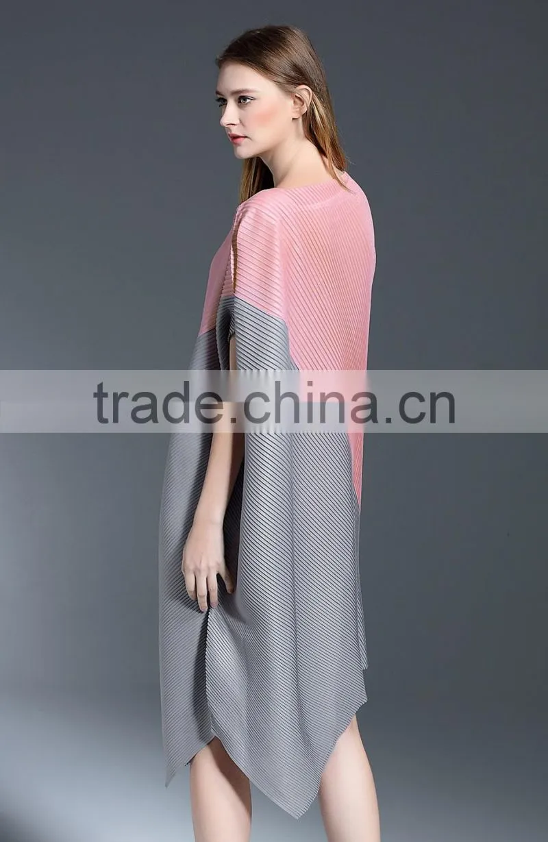 Women pleat trendy high low hem design sloping shoulder dress