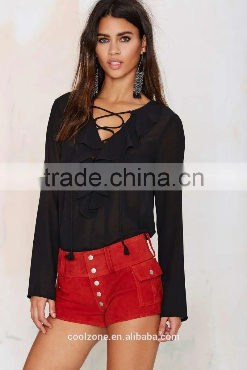 Latest chiffon blouse ruffled lady blouse wholesale lace up blouses 2015