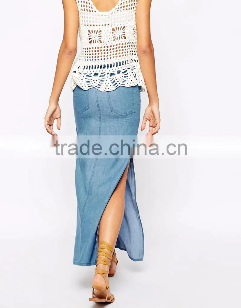 100% Cotton high rise split sides ladies long denim skirts for women 2015