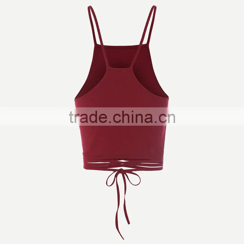 Polyester Lace Up Tank Top hollow stretchable Solid wine red Size:Free Size Sold By PC