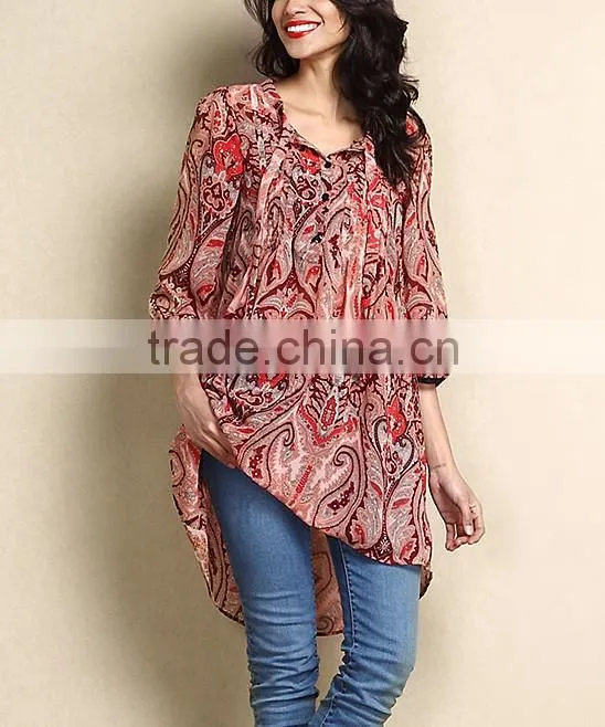 Newest Women Outwear With Red Paisley Chiffon Hi-Low Tunic Women Tops Women Clothing GD90426-57
