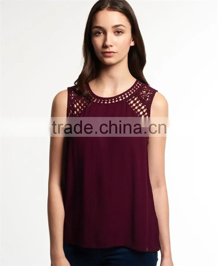 2017 Guangzhou Shandao Custom Logo New Fancy Style Women Summer Wine Red Chiffon Round Neck Sexy Sleeveless Top Photos