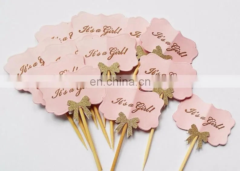Newest Design 'It's a Girl' Pink Paper with Bow Cupcake Topper Cake Decoration