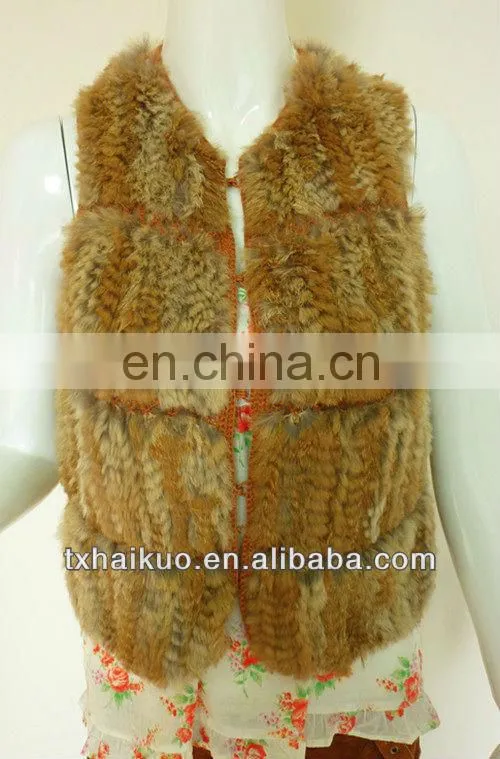 2013 ladies new fashion rabbit fur Knitting grid design brown orange vest in spring