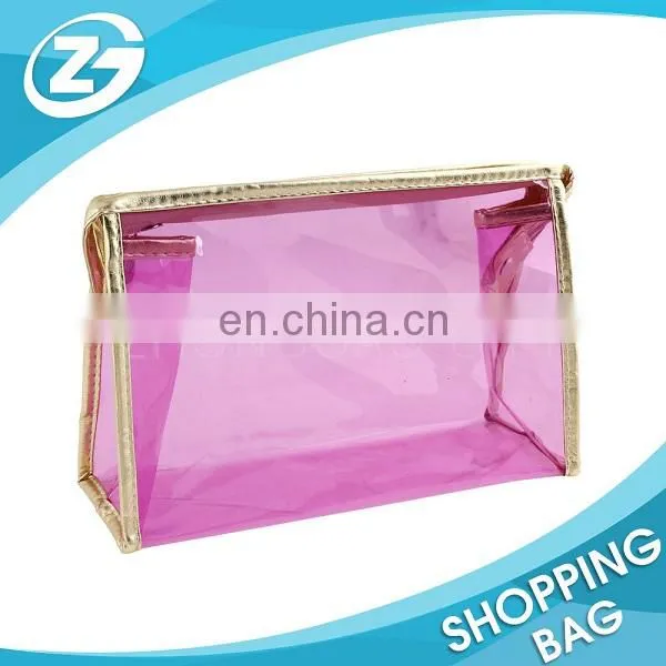Water Proof PU Piping and Trim 0.3mm Clear PVC Zip Top Portable Cosmetic Bag for Promotion