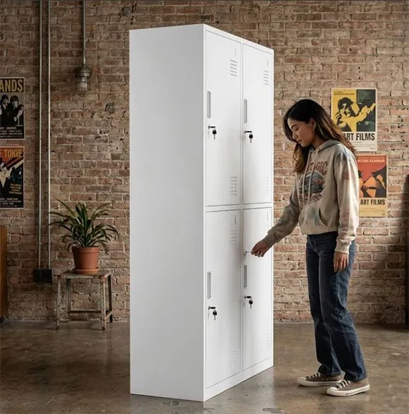 Side view of woman opening lower door of 4 door steel locker