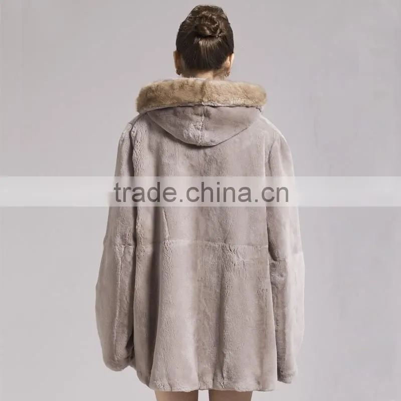 QD29281 Fashionable Europe Styles Raccoon Fur Collar Rex Rabbit Fur Coat For Sale