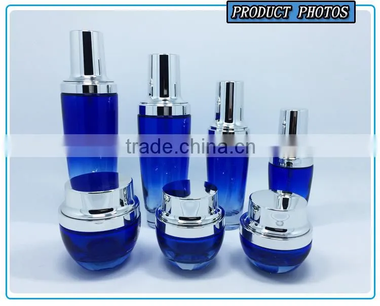 Bule colored glass cosmetic bottles and jars