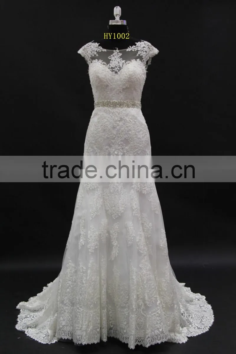 Small A-line with beading belt lace appliques sexy see through back wedding dress