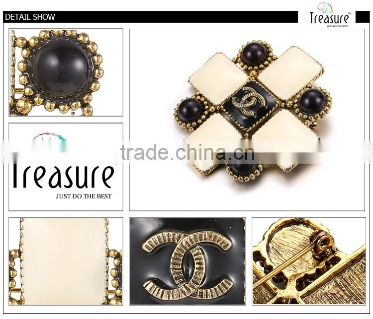 2015 latest new design brand white square oil drop and black plastic balls fashion brooch wholesale