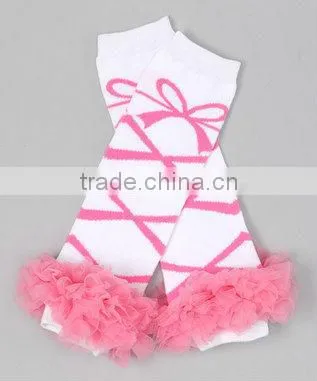 Wholesale chevron print cotton leg warmer with W strips and chifon ruffles for kids