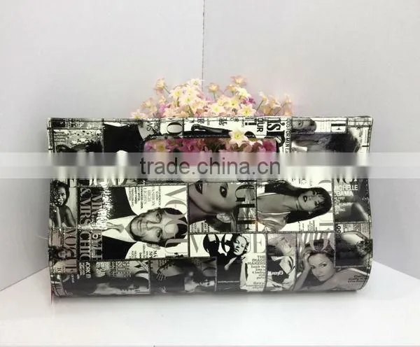 Italy design magazine print bag metal chain evening hand bag