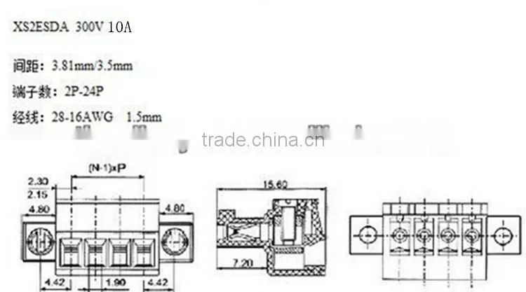 3.81mm Pluggable Terminal Block XS2ESDA 300V 10A with UL, CE, ISO, SGS,CQC Approved
