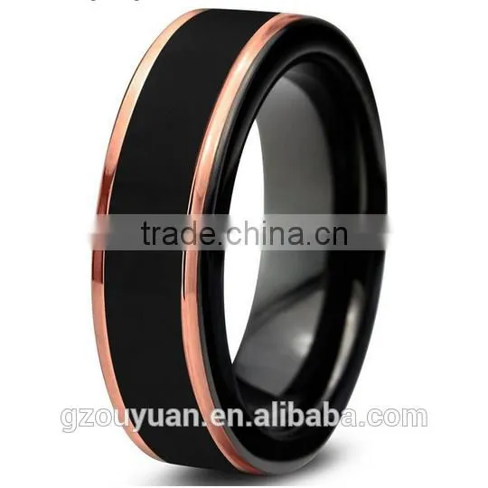 8MM Rose Gold Plated Tungsten Carbide Ring, Black Brushed Comfort Fit Tungsten Carbide Ring