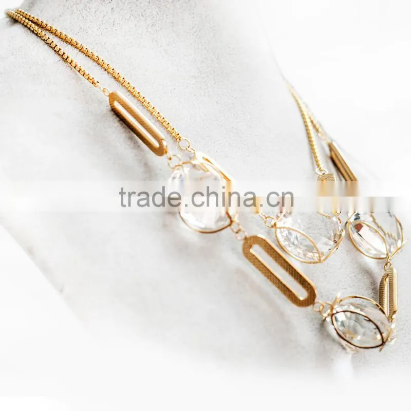 Trendy stainless steel double layer big crystal gold chunky necklace
