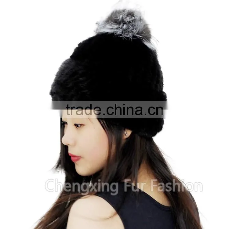 CX-C-239R Spring/Winter Lady Mink Fur Knitted Hat With Genuine Fox Fur Pom Poms