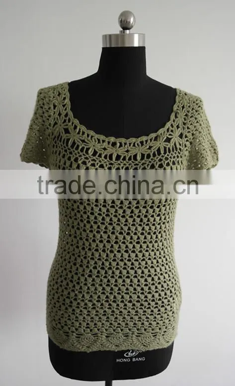 Fashion ladies short sleeve hand crochet pullover sweater