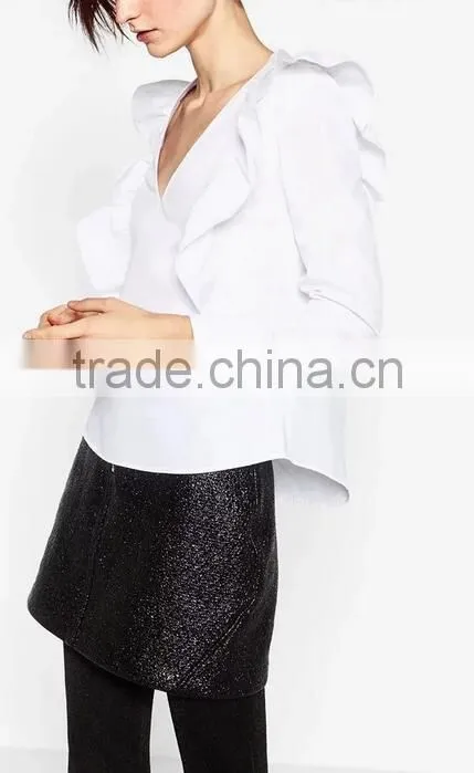 Runwaylover EY2390B Ladies Sexy Deep V-Neck 2017 Falbala Pure Color Blouse