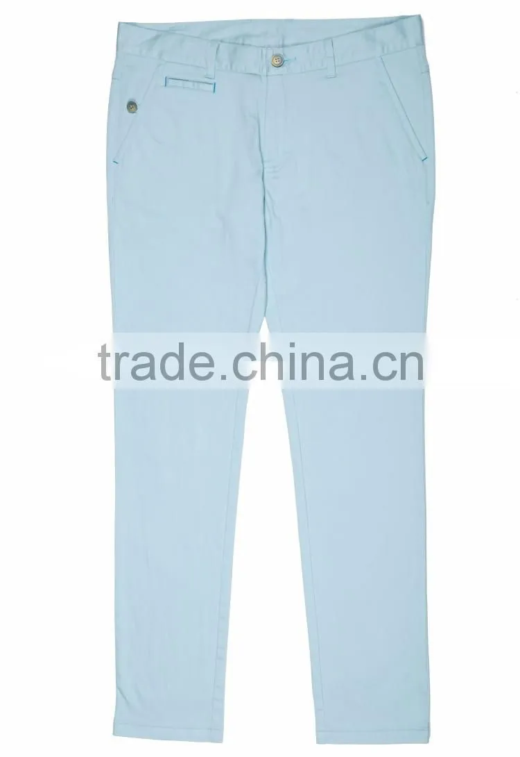 Contrast color bartack light blue slim fit casual mens baggy pants with high quality button