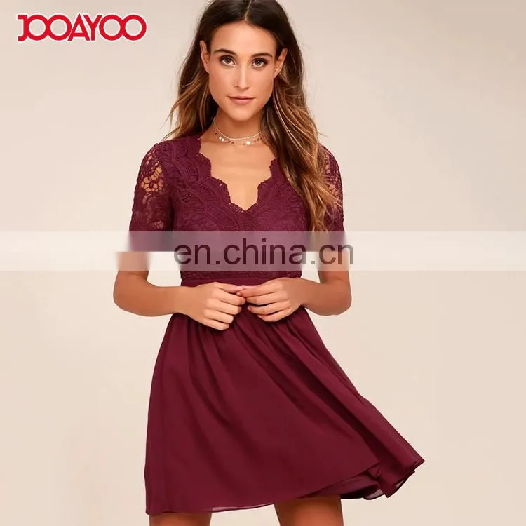 2017 fashion women clothing midi dresses burgundy sexy ladies skater lac dress