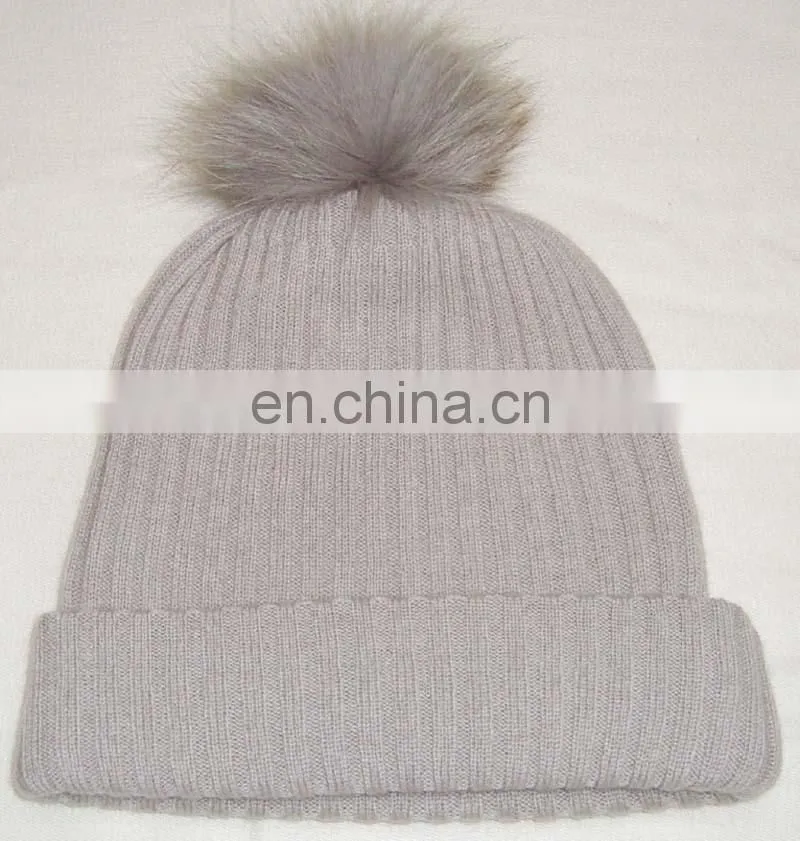 Knitted Cashmere Caps With Fur Pom Pom