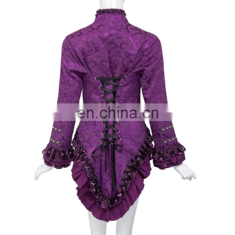 Belle Poque Women's Gothic Victorian Corset Style Lace Embellished V-Neck Jacquard Purple Coat Retro Vintage Tops BP000223-3