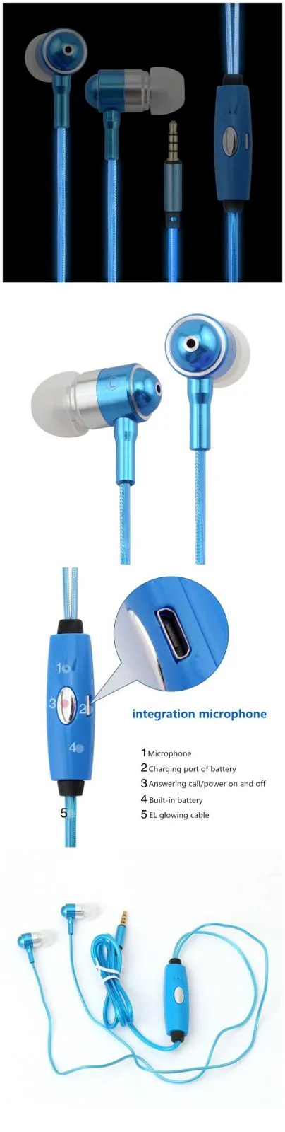 Luminous earphone In-ear wired glowing stereo headphones