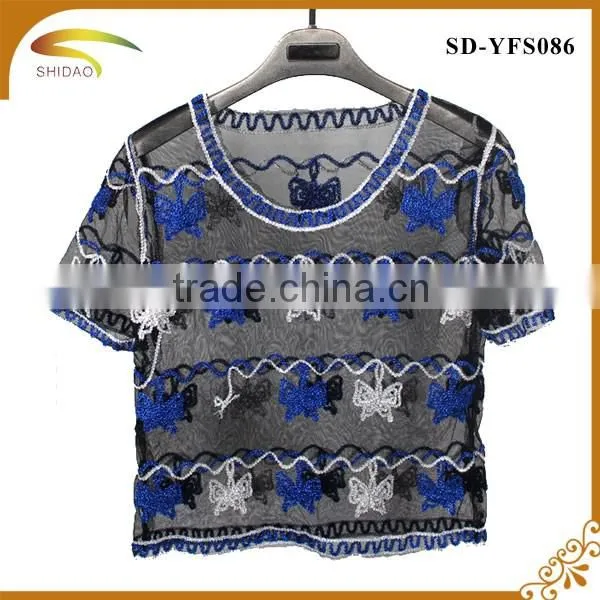 Fashion high quality semi sexy short sleeve embroidery floral Lace crochet blouse