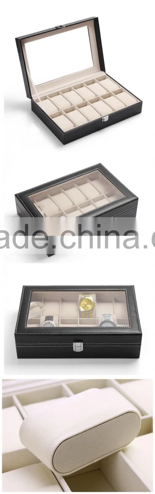 12 Grid Black Leather Wrist Watch Packaging Box Watch Display Box