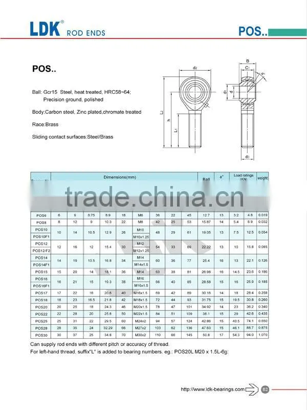 LDK TS16949 Certificated rod ends bearings pos10ec