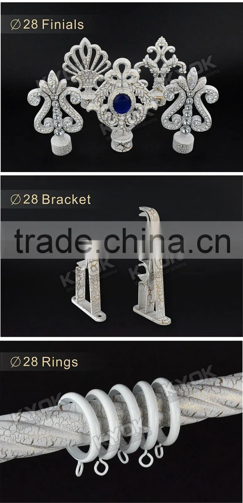 KYOK hot selling crack white color curtain rod accessories, blue diamond decor curtain rod end caps, aluminum curtain rod holder