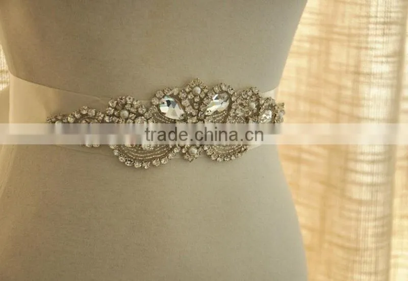 New Design Bridal Beaded Rhinestone Trimming Applique For Wedding Sash Crystal Bridal Applique For Wedding Dress