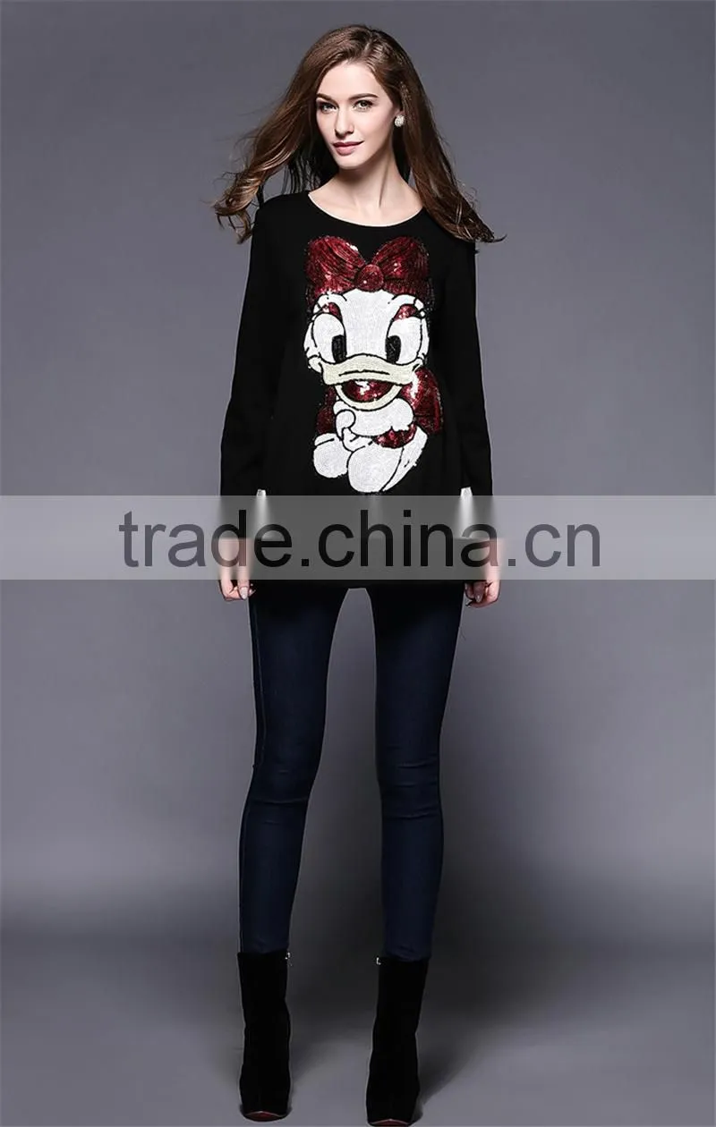 2016 Spring New Latest Fashion Design Plus Size Loose Style Long Sleeve Black Women Long Tops