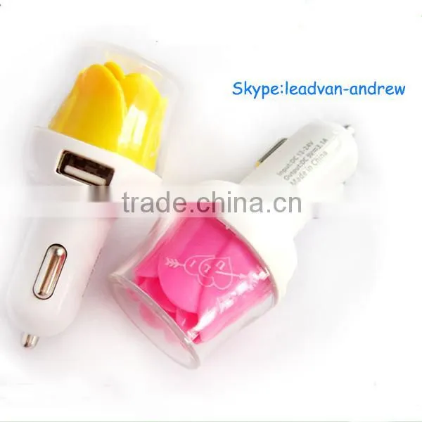 2015 New Product Rose Dual USB Car Charger,LED Rose Mobile Phone Car Charger