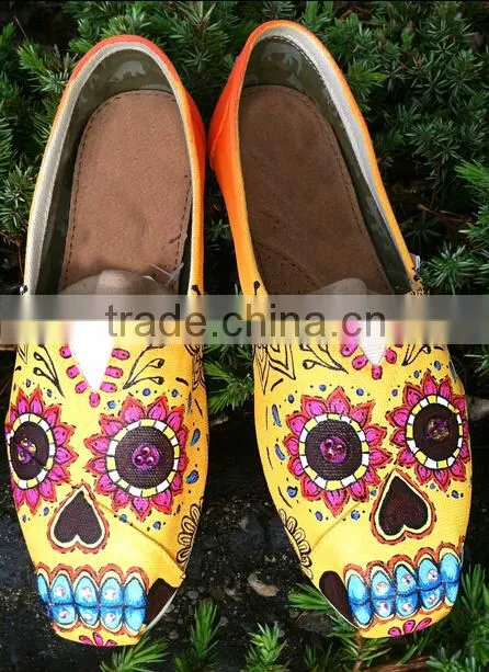 Hand painted sugar skull themed shoes,slip on canvas shoe
