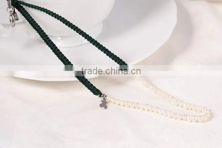 Best selling jewelry black braid rope with stainless steel bear pearl necklace