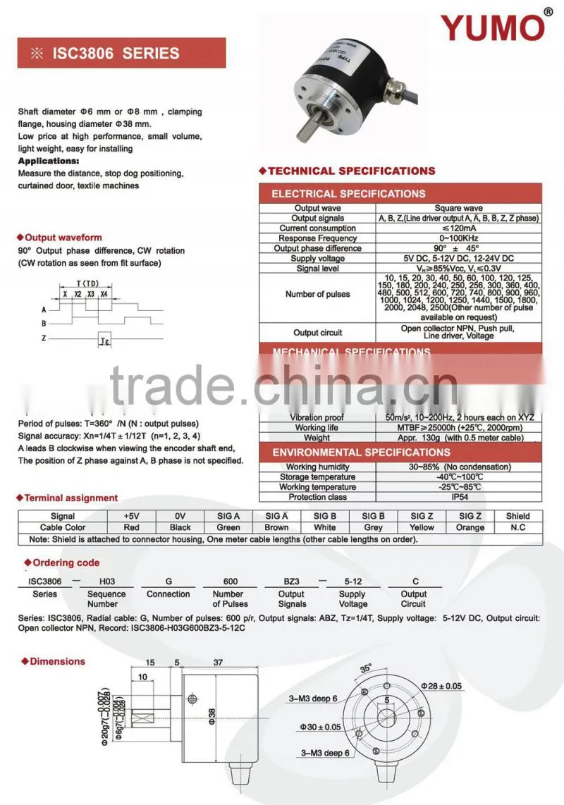 YUMO ISC3806 1024PPR 5V CNC system Solid shaft encoder optical price incremental rotary encoder