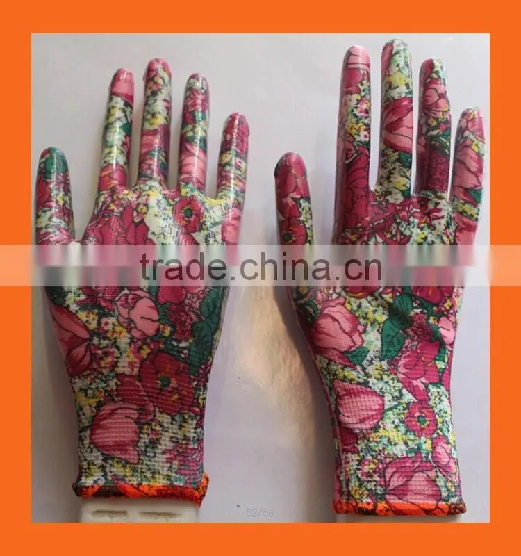 Printed Liner Ladies Garden Gloves Thin Lightweight Nitrile Gloves Flower Nitrile Work Gloves