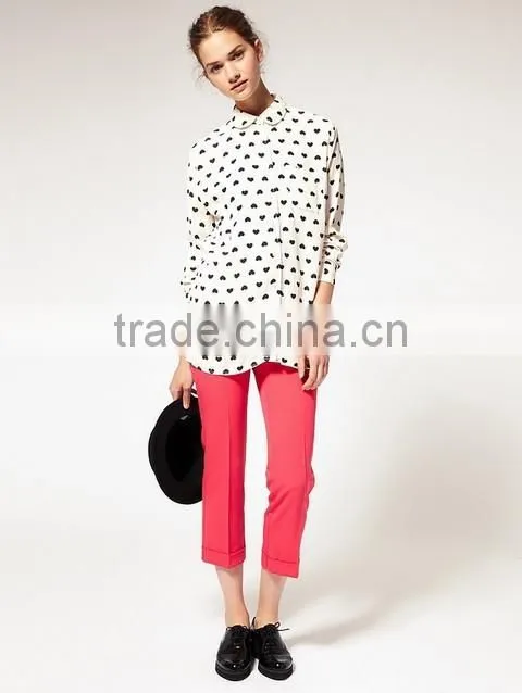 Autumn Spring 2015 Long Sleeve White Heart Printing Pattern Chiffon Blouses Shirt Women Clothing blusas femininas European Style