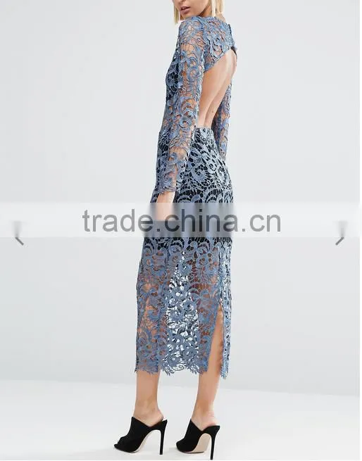 good quality fashion Petrol blue Bandeau underlay Kick split Lace Open Back Dress