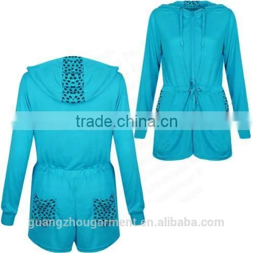 Ladies turquoise full sleeve hooded Zip Up playsuit short jumpsuit for women 2014