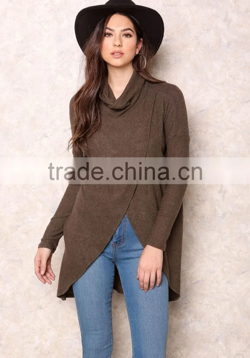 MGOO Handmade Sweaters For Girl Brown Asymmetric High Neck Overlay Tops Long Sleeves Fashion Winter Tops