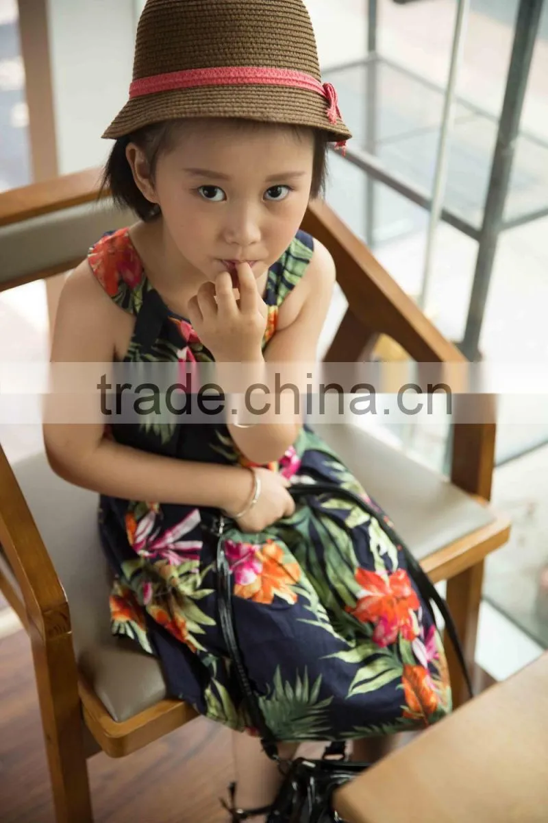 fashion 2016 girl sleeveless strap dress bright color printed flower girl dress