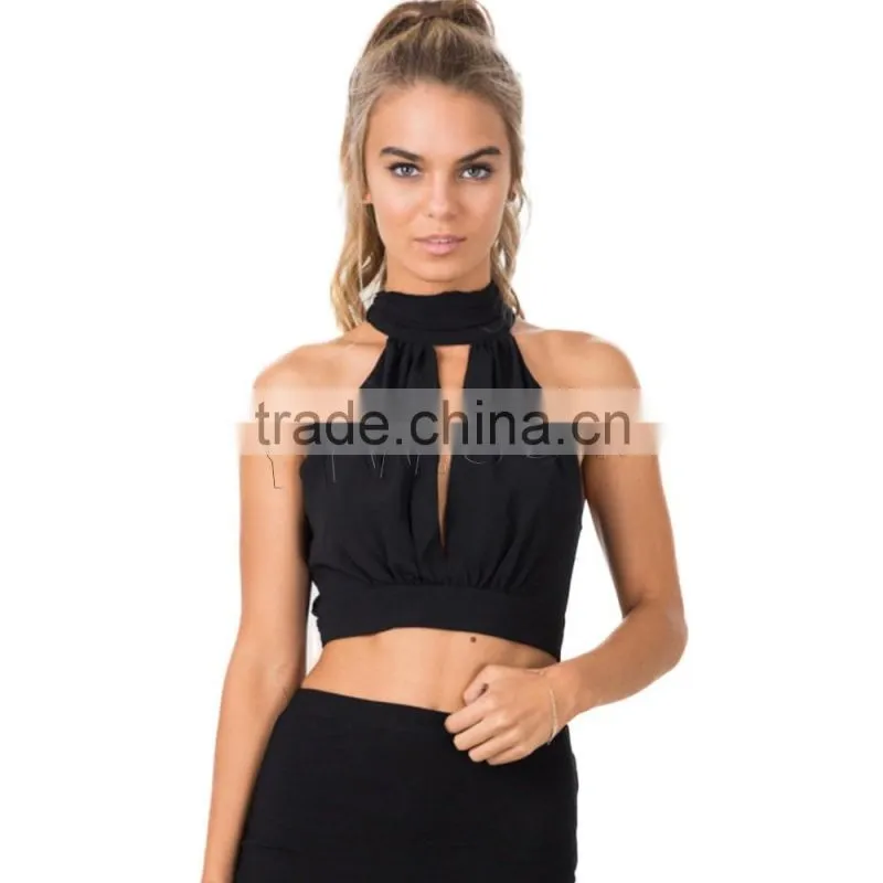 Polyester Tank Top backless hollow embroidered floral black Size:XXL Sold By PC