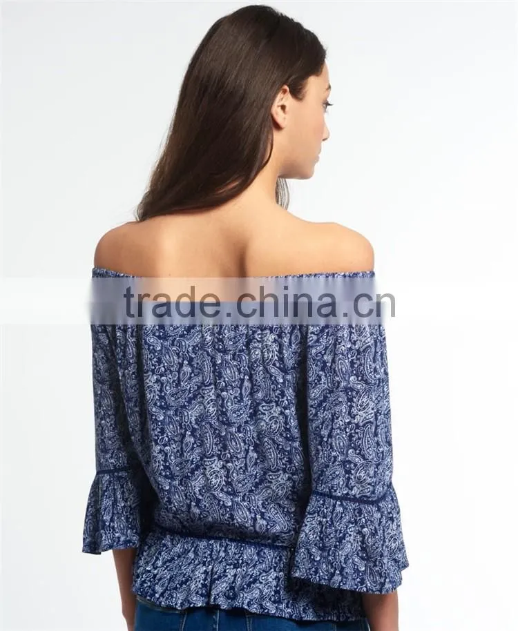 2017 Guangzhou Shandao Latest Fashion Summer Design 3/4 Flare Sleeve Round Neck Printed Loose Ladies Chiffon Tops