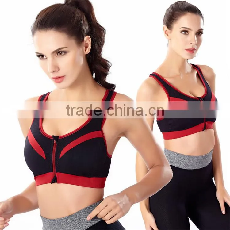 Trade assurance shockproof front zipper buttoned nylon sexy women sports bra