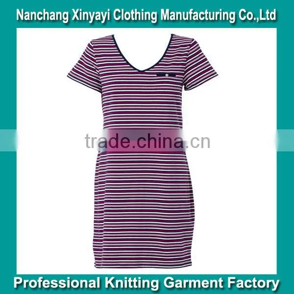 Cotton women's casual clothing/Short sleeve yarn dyed dress/Women V neck dress