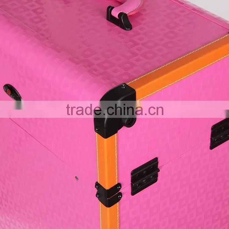 Pink rolling makeup case with trays