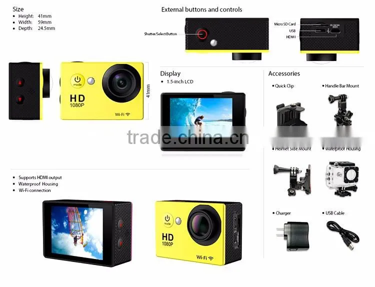 W8 waterproof camera , Full HD 1080P Sports action camera, 2 inch dvr video camera with wifi